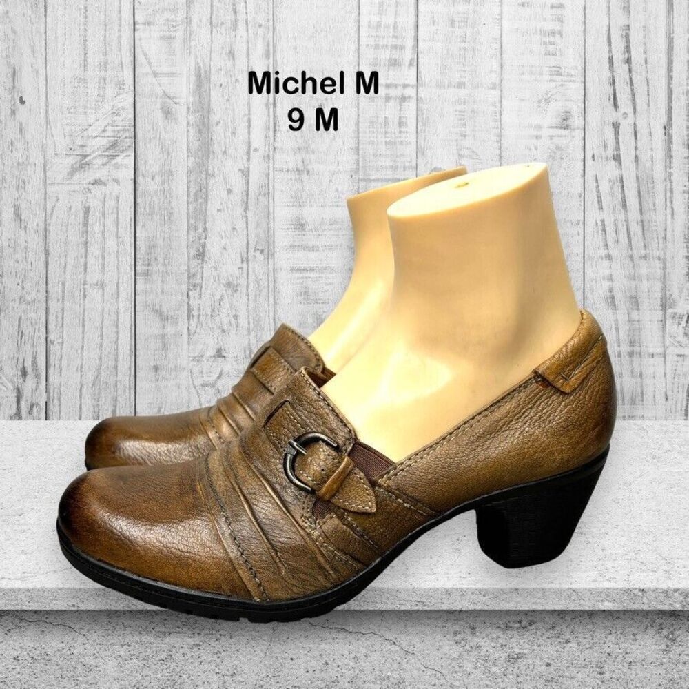 Michel M Cherry Brown Black Leather Slip on Block Heeled Clog‎ Womens Size 9M